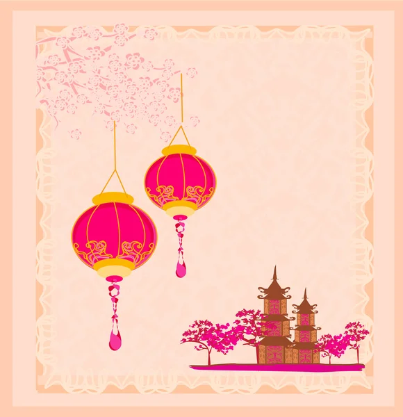 Vecchia carta con paesaggio asiatico e lanterne cinesi — Foto Stock