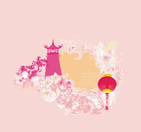 Gammalt papper med asiatiskt landskap och kinesiska lyktor - vintage japansk stil bakgrund — Stockfoto
