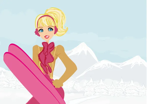 stock image Beautiful blonde girl with skis on a winter background