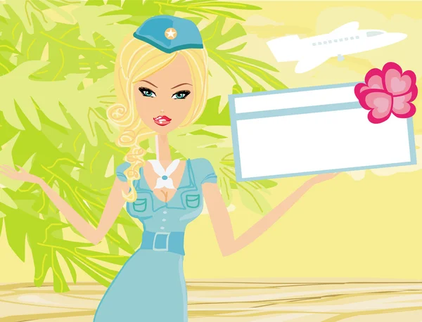 Piękna stewardessa z biletem — Zdjęcie stockowe