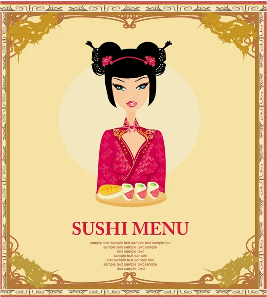 Piękne Azji dziewczyna cieszyć sushi - szablon menu — Zdjęcie stockowe