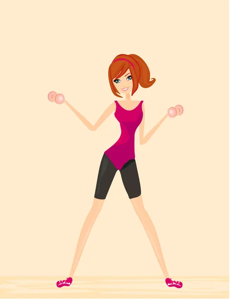 Fit brunetka kobieta ćwiczenia z dwoma hantlami na rękach — Zdjęcie stockowe