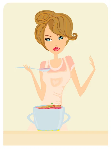 Beautiful lady cooking soup — Stock Photo, Image