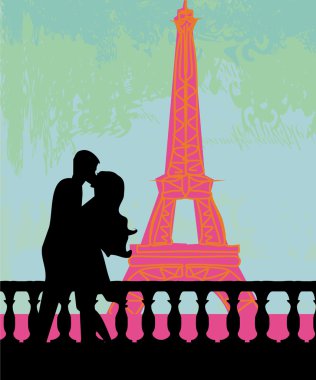 Romantic couple in Paris kissing near the Eiffel Tower. Retro card. clipart