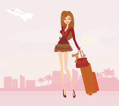 Beauty travel girl with baggage clipart