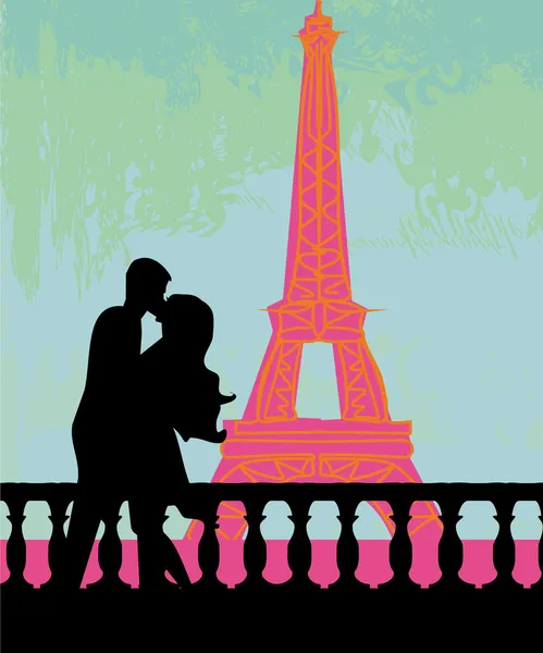 Romantyczna para w Paryżu całuje się w pobliżu Wieży Eiffla. Karta retro. — Zdjęcie stockowe