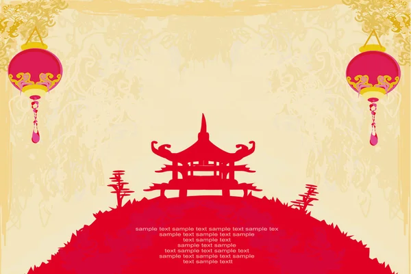 Oud papier met Aziatisch landschap en Chinese lantaarns — Stockfoto
