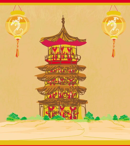 有亚洲风景和中国灯笼的旧纸 — 图库照片
