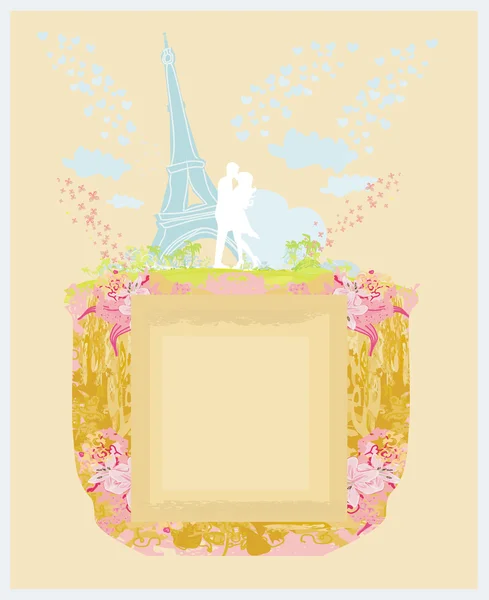 Pareja romántica en París besándose cerca de la Torre Eiffel. Tarjeta retro — Foto de Stock