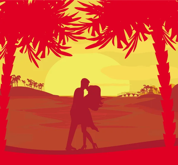 Silhouette couple baisers sur plage tropicale — Photo