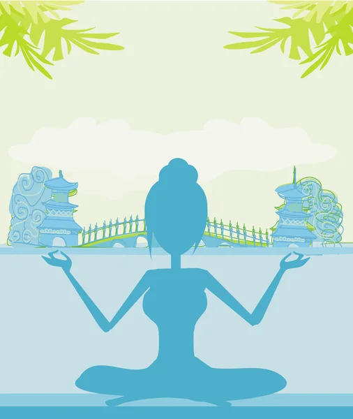 Silhouette eines Mädchens in Yoga-Pose auf sommerlichem Hintergrund mit Palme — Stockfoto