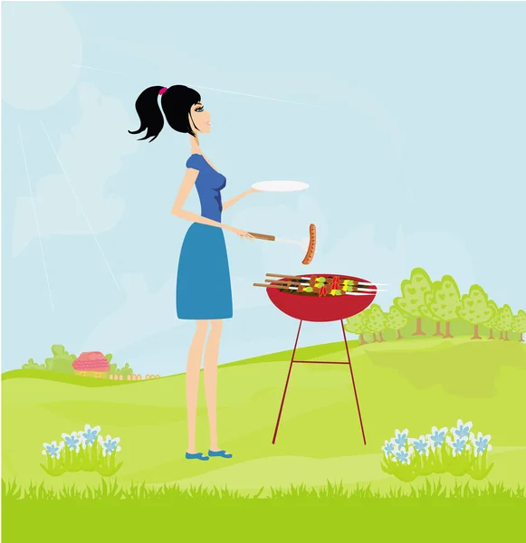 Frau kocht auf einem Grill — Stockfoto