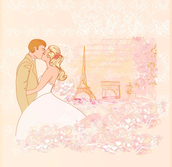 Romantic couple in Paris kissing near the Eiffel Tower Retro card — Stock Photo, Image