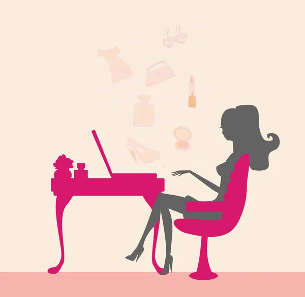 Online shopping - ung kvinna sitter med bärbar dator beräkna — Stockfoto