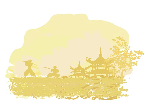 Samurajsiluett i asiatiskt landskap — Stockfoto
