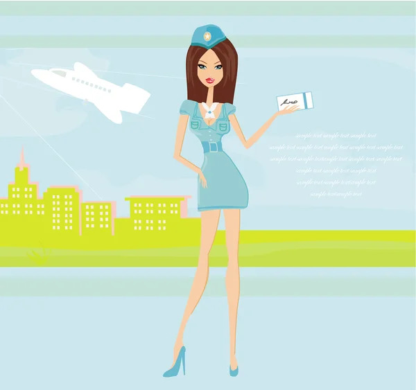 Piękna stewardessa z biletem — Zdjęcie stockowe