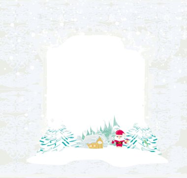 Noel Baba ve kış manzaralı mutlu yıllar kartı.