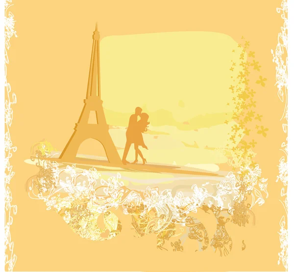 에펠 탑 레트로 카드 근처에서 키스하는 파리의 낭만적 인 부부 — 스톡 사진