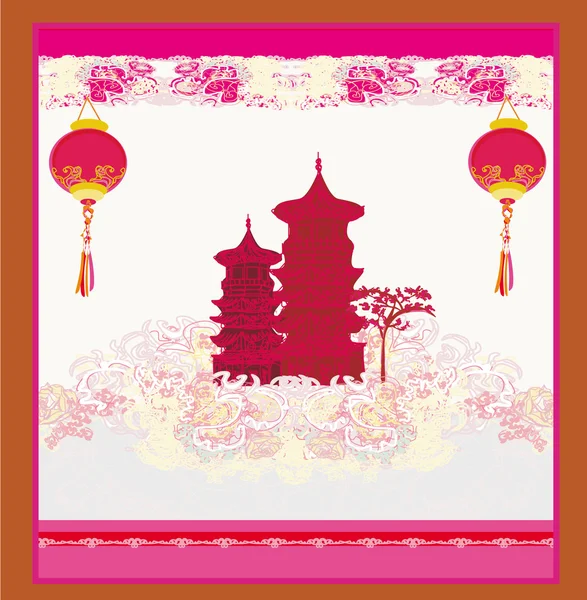 Gammalt papper med asiatiskt landskap och kinesiska lyktor - vintage japansk stil bakgrund — Stockfoto