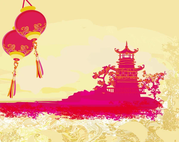 Старая бумага с азиатскими пейзажами и китайскими фонарями - старинный японский стиль фона — стоковое фото