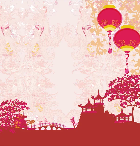 Oud papier met Aziatische landschap en Chinese lantaarns - vintage Japanse stijl achtergrond — Stockfoto