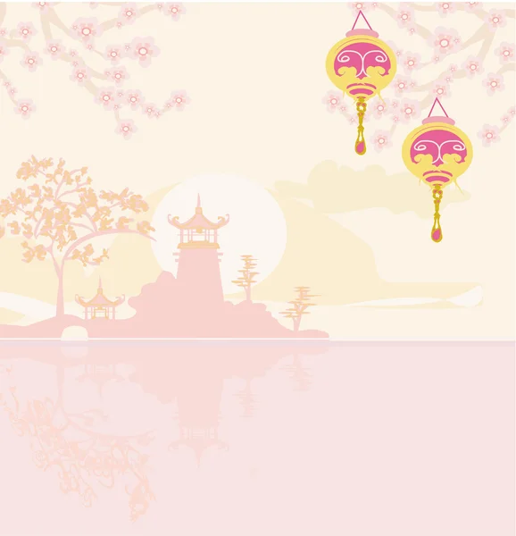 Old paper with Asian Landscape and Chinese Lanterns - vintage japanese style background — Stock Photo, Image