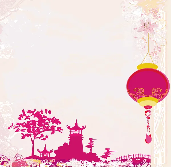 Старая бумага с азиатскими пейзажами и китайскими фонарями - старинный японский стиль фона — стоковое фото