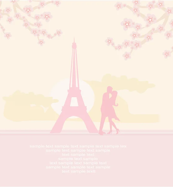 Romantikus pár Párizsban csókolózik az Eiffel-torony közelében Retro kártya — Stock Fotó