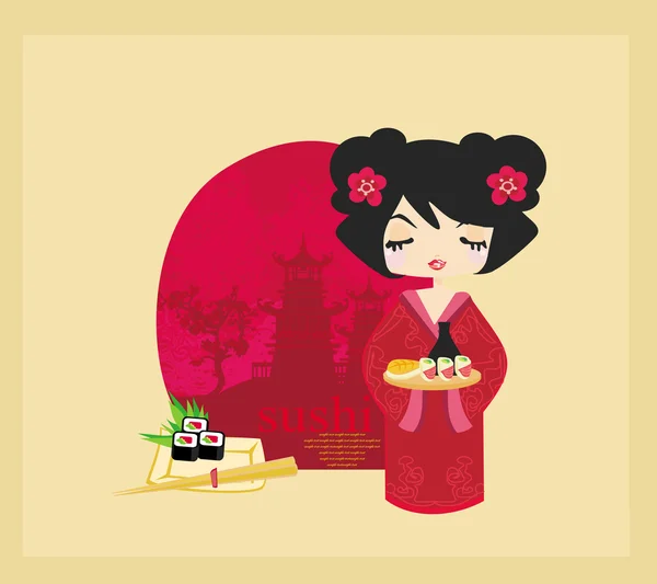 Piękne Azji dziewczyna cieszyć sushi - szablon menu — Zdjęcie stockowe