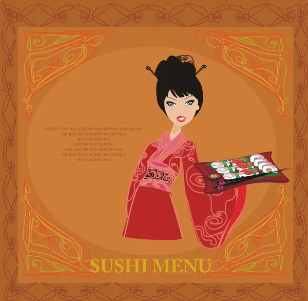 甘いアジアの女の子寿司を楽しむ — ストック写真