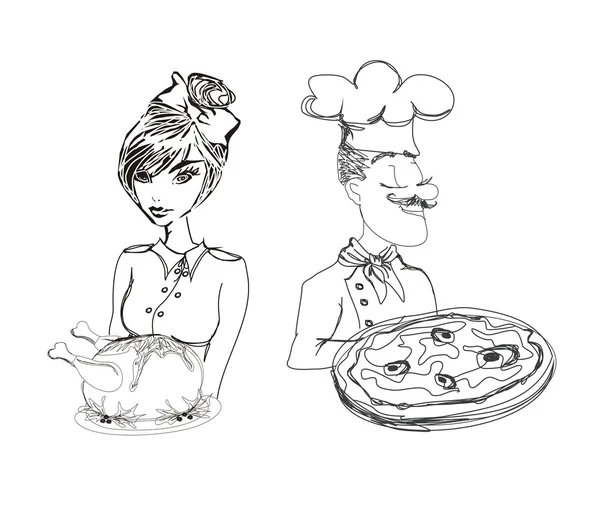 Chef com pizza e garçonete servindo um frango — Fotografia de Stock