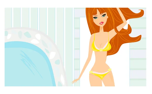 Image of girl and tropical pool — Stock Photo, Image