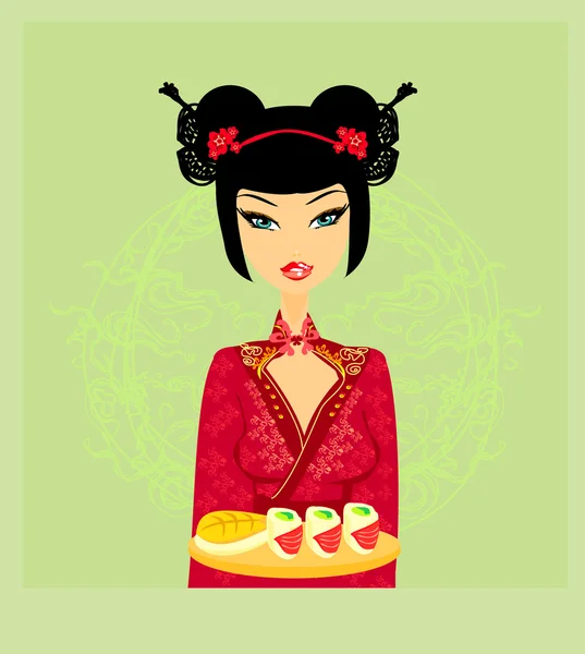 아름다운 아시아 소녀가 초밥 메뉴를 즐겨 먹다 — 스톡 사진