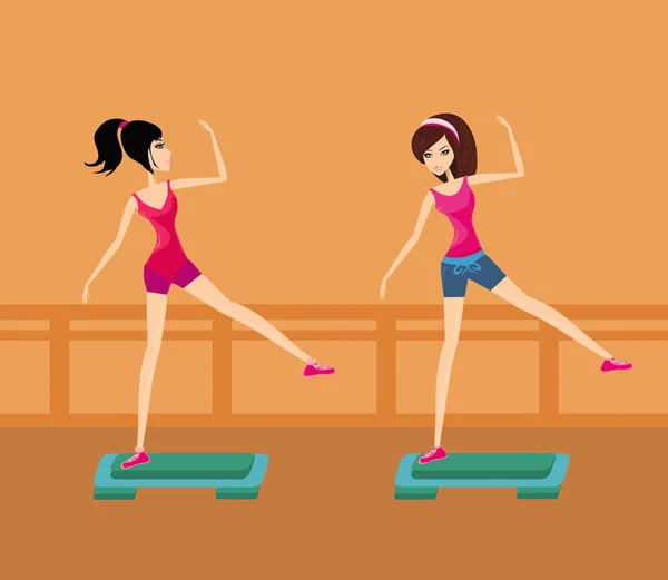 Две молодые женщины делают упражнения на аэробной ступеньке — стоковое фото