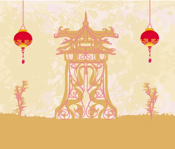 Altes Papier mit asiatischer Landschaft und chinesischen Laternen - Hintergrund im japanischen Stil — Stockfoto