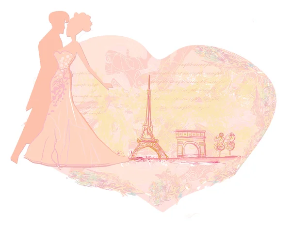 Pareja romántica en París besándose cerca de la Torre Eiffel. Tarjeta retro. —  Fotos de Stock