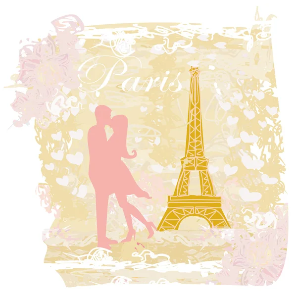 Romantiskt par i Paris kysser nära Eiffeltornet Retro kort — Stockfoto