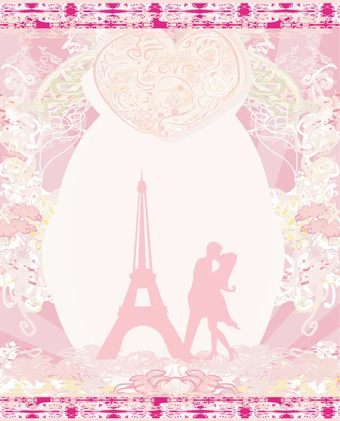 巴黎一对浪漫的情侣在埃菲尔铁塔复古卡旁接吻 — 图库照片
