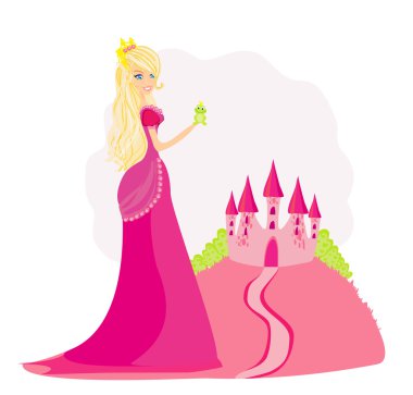 Beautiful young princess holding a big green frog clipart