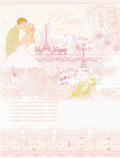 Paris 'te Eyfel Kulesi Retro kartının yanında öpüşen romantik bir çift. — Stok fotoğraf