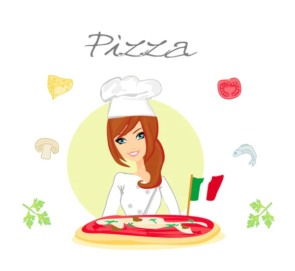 Beautiful woman serving pizza — Stock Photo, Image