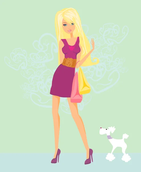 Shopping girl and her dog — Stock Photo, Image