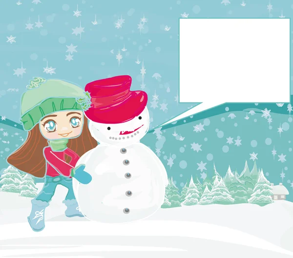 Niña y muñeco de nieve tarjeta — Foto de Stock