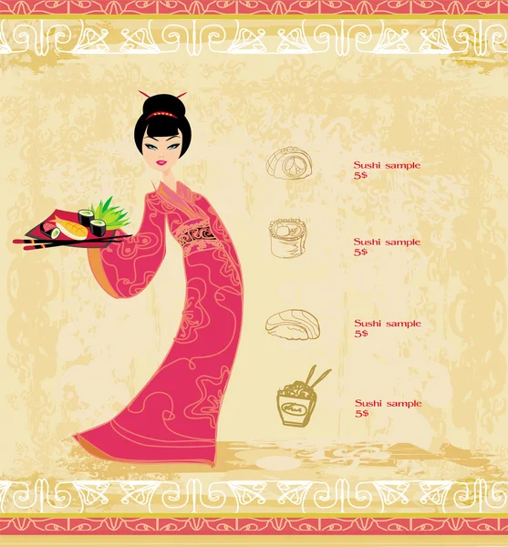 Beautiful Asian girl enjoy sushi - menu template — Stock Photo, Image