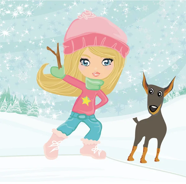 Chica de invierno y su perro — Foto de Stock
