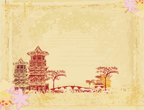 Старая бумага с азиатским пейзажем — стоковое фото