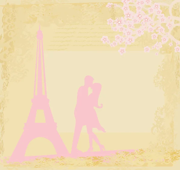 Romantyczna para w Paryżu całuje się w pobliżu karty Eiffla Retro — Zdjęcie stockowe