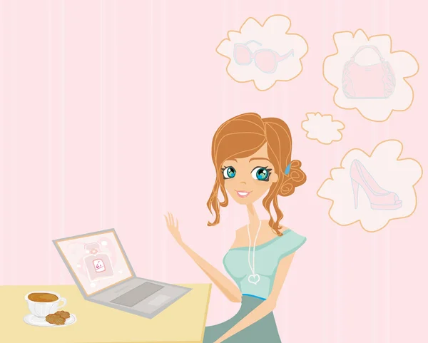 オンラインショッピング-若い笑顔の女性がノートパソコンで座っている — ストック写真