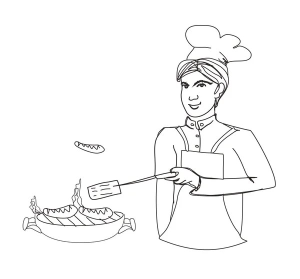 Kreslený muž oblečený v grilování oblečení vaření masa venku - čmáranice — Stock fotografie
