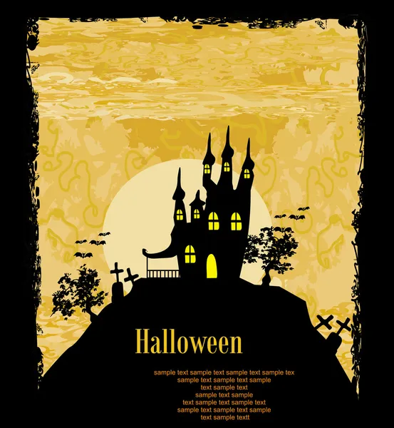 Gruñón fondo de Halloween con casa embrujada, murciélagos y luna llena —  Fotos de Stock